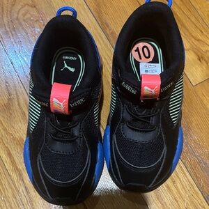 Puma Kids Black Sneakers with Blue and Green Accents, new never worn
